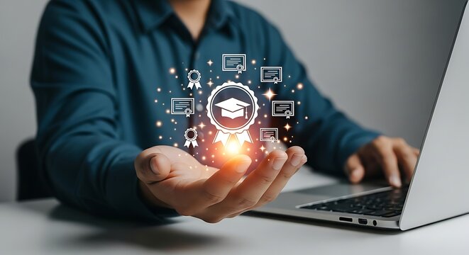 Glowing Graduation Cap and Certificates Held in Hands Above Laptop
