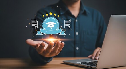 Glowing Graduation Cap Icon Held Above Laptop