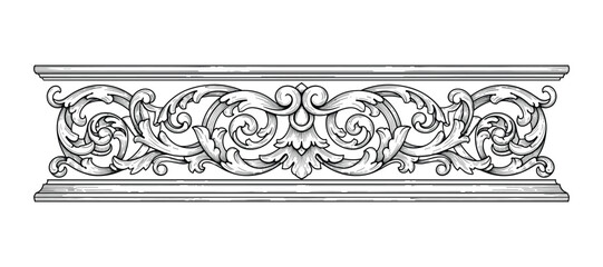 Ornate Baroque Style Ornament Border, Intricate Floral Scroll Pattern, Black and White, Detailed Line Art Design, Vector Illustration