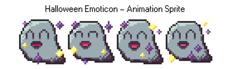 Pixel art ghost icon for cute halloween game. 8bit monster with happy face and spooky spirit. Retro cartoon emoticon with fun eyes. Flat fantasy pixelart avatar, digital decoration element animation.