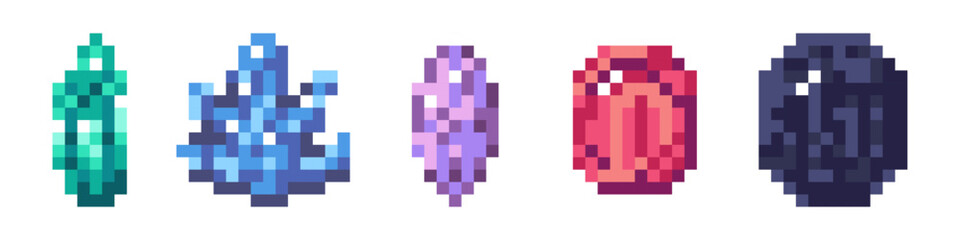 Pixel art gem crystal for game. Sparkle jewel diamond icon with purple amethyst and green emerald. Retro 8bit ruby treasure illustration. Cute arcade fantasy adventure with mosaic decoration element.