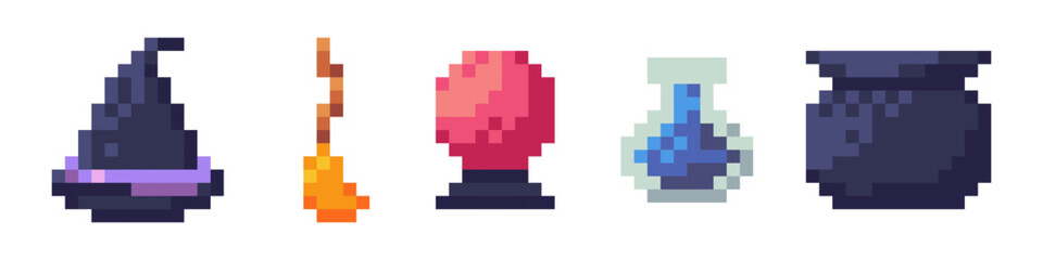 Magic pixel art halloween icon for game. Witch hat for retro 8bit magician costume. Scary autumn wizard set with potion, pot and broom. Arcade sprite illustration with mosaic cauldron decoration
