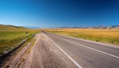Naklejka premium scenic rural crossroads in kazakhstan under clear blue sky in summer season