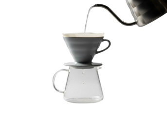Minimalist pour-over coffee setup, white V60 dripper on clear borosilicate glass carafe, hot water pouring over dark beans, isolated on white studio background, precise brewing ritual.