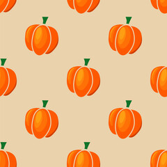 Pumpkins seamless pattern on a pastel beige background. Cute bright orange pumpkins in cartoon style background. Vector pattern for a wrapping paper, textile print, wallpaper