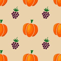 Pumpkins and blackberries seamless pattern on a pastel beige background. Bright orange pumpkins with berries in cartoon style background. Cute vector pattern for a wrapping paper, textiles, wallpaper