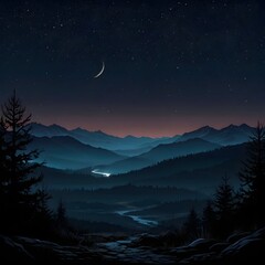 Night Mountain Landscape with Crescent Moon and Starry Sky in Cool Blue Tones