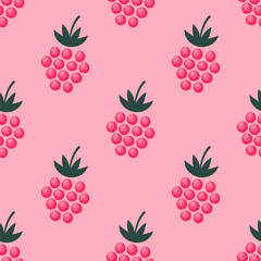 Seamless pattern with raspberries on a pastel pink background. Cute bright raspberries background. Minimalist vector pattern in flat cartoon style for a wrapping paper, textile print, wallpaper