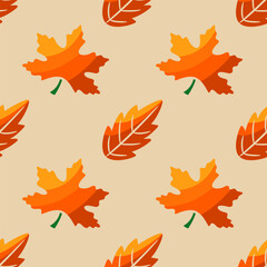 Autumn background in orange colors. Beautiful seamless pattern with cute maple and oak leaves on a beige background in cartoon style. Vector pattern for textile prints, wrapping paper, wallpaper