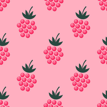 Seamless pattern with raspberries on a pastel pink background. Cute bright raspberries background. Minimalist vector pattern in flat cartoon style for a wrapping paper, textile print, wallpaper