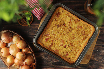 Zwiebelkuchen, a pie with onion and bacon, traditional German dish	