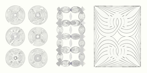 Abstract geometric patterns featuring spirals and curved lines on a white background