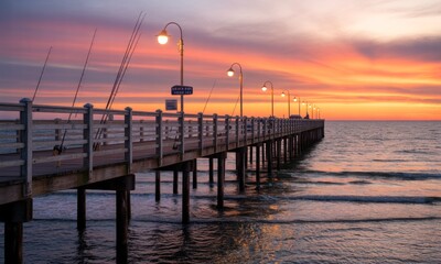 Fototapeta premium A wooden pier stretches into a vibrant sunrise over calm water. Fishing rods are affixed to the railing