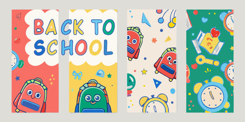 Cute cartoon backpacks and school supplies with playful back to school lettering and colorful patterns