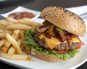Delicious cheeseburger with crispy french fries and ketchup on a white plate