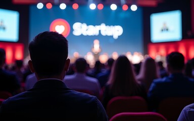 An audience of entrepreneurs at a startup event, captivated by an innovative product demonstration on stage, Leadership, Conference Event, blurred background, with copy space. High quality