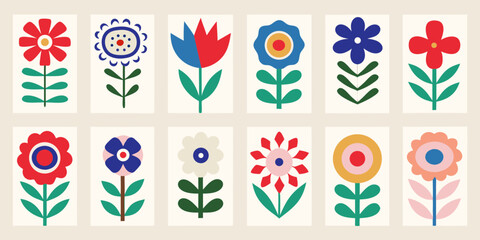 Collection of twelve diverse folk art inspired floral illustrations in a grid layout
