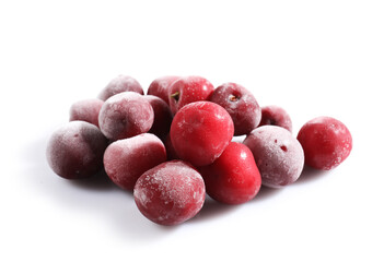 Pile of ripe frozen cherries isolated on white