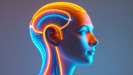 Obraz premium Futuristic Human Head with Neon Circuit Patterns and Lights