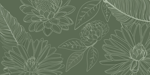 Elegant line art floral pattern with large blooming flowers and leaves on a muted green background