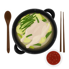 Vector Illustration Logo Clipart Top View Dak Hanmari or Dak Gomtang Korean Whole Chicken Soup