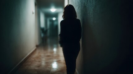 A woman s silhouette looms in the dimly lit hallway casting an ominous presence