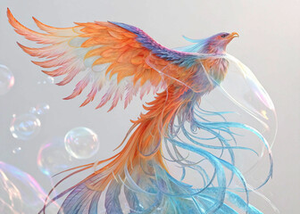 Obraz premium A vibrant digital painting of a powerful phoenix soaring through an ethereal landscape of shimmering bubbles.