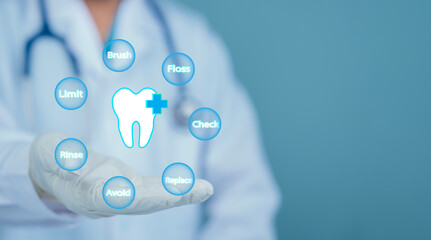 Dentist showing virtual infographic with tooth health care tips brush floss rinse check limit avoid replace for oral hygiene and dental protection
