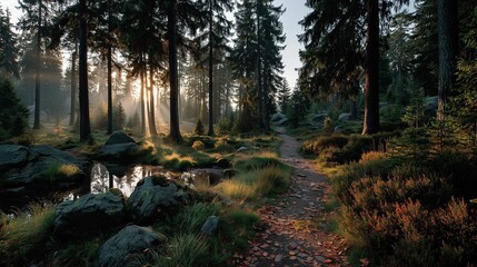 Fototapeta premium Mystical Forest Pathway Splitting into Two with Golden Morning Light