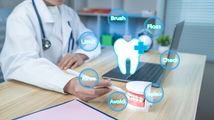 Dentist explaining oral hygiene with digital infographic about dental care tips