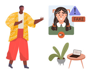 Person analyzing video with AI deepfake detection face recognition, fake alert, and technology elements. Ideal for cybersecurity, AI ethics, misinformation, media analysis, online trust, tech