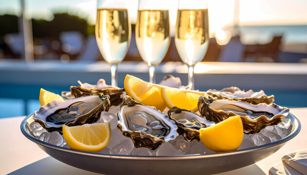 Luxurious platter of fresh oyster on ice with lemon and three glass of champagne for celebratory sunset meal. romantic and elegant fine dining experience with gourmet food - Powered by Adobe