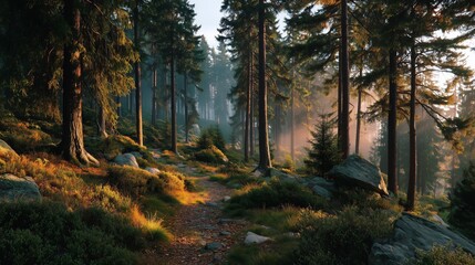 Fototapeta premium Mystical Forest Pathway Splitting into Two with Golden Morning Light