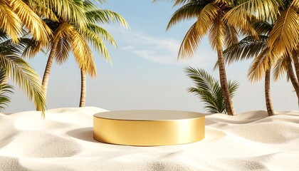 Golden podium on sandy beach, surrounded by palm trees
