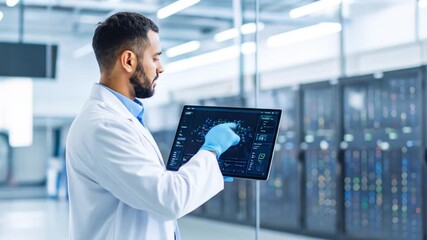 Scientist Analyzing Data on Tablet in Modern Data Center - Powered by Adobe