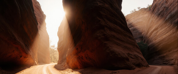 This gorge photo has a cinematic ray of warm dawn sunlight. It evokes motivational energy and resilience for wellness campaigns.