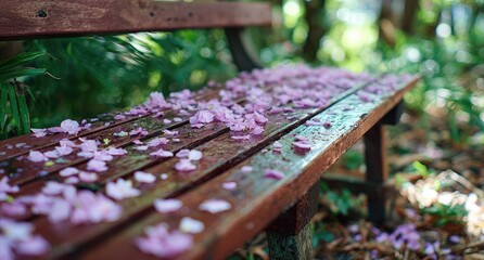 Fototapeta premium Pink blossoms carpet a weathered wooden park bench