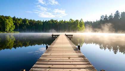 Naklejka premium Tranquil wooden pier on calm lake in early morning with fog over water. peaceful, scenic forest nature background creates serene and idyllic view for relaxation