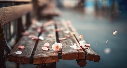 Wooden bench strewn with pink petals