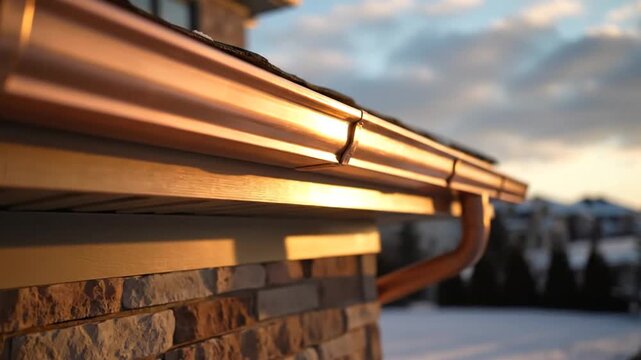 Exterior of House Featuring Copper Gutters at Sunset with a Snow Covered Landscape
