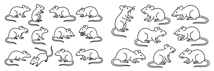 Various sketches of mice in playful poses in a simple black and white style on a clean background