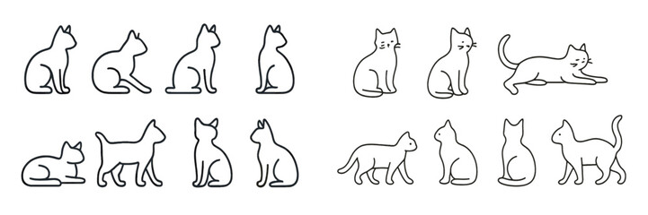 Collection of diverse cat silhouettes engaged in various poses, showcasing playful and relaxed stances in a minimalist style