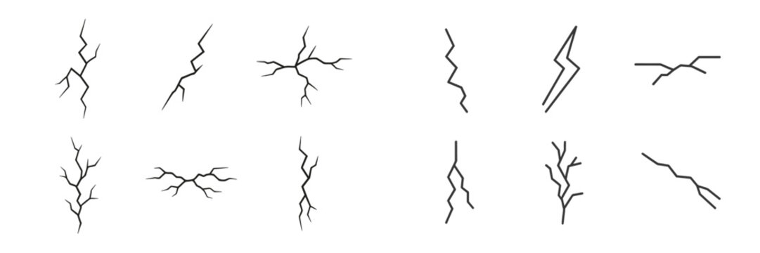 Set of artistic crack and lightning vector designs for creative projects and illustrations