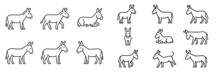 Various sketches of donkeys in different poses and activities, showcasing their unique characteristics and behavior in a simple style