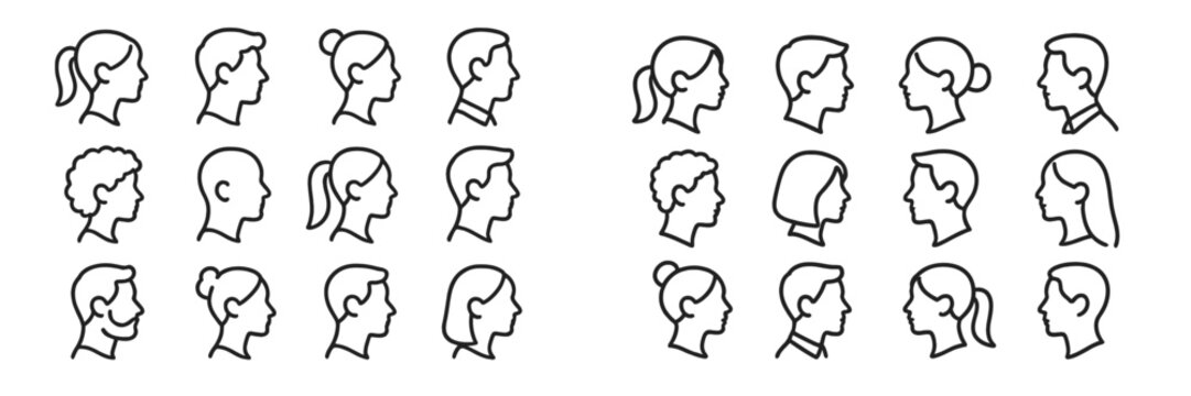 Collection of various minimalist profile silhouettes showcasing diverse hairstyles and facial features