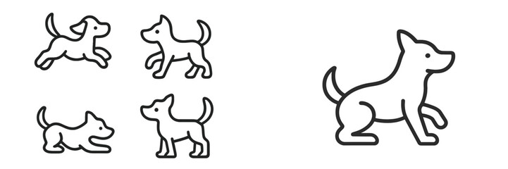 Various playful dog illustrations showcasing different poses and activities in a simplistic design style