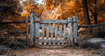 Rustic wooden gate in autumn park