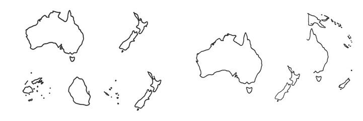 Outline maps of Australia, New Zealand, and surrounding islands showing geographical features in a simple illustration © PAPA STOCK