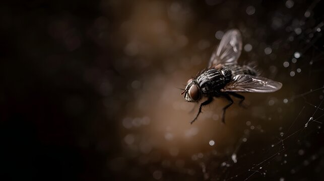 Fly caught in a spiderweb a natural predator scene with dramatic lighting and sharp focus