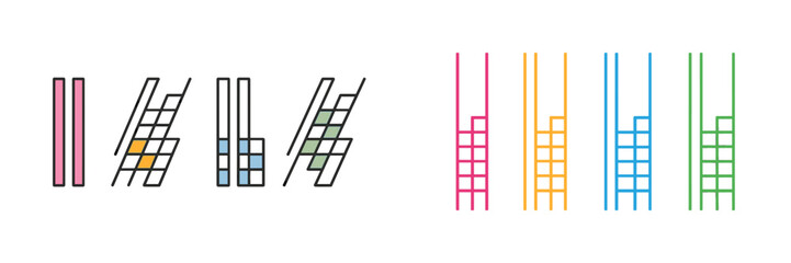 Graphic design elements featuring grid patterns in various colors arranged in a structured layout for creative use